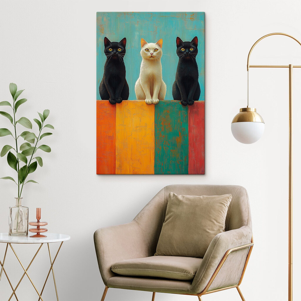 Three cats enjoying colorful scenery