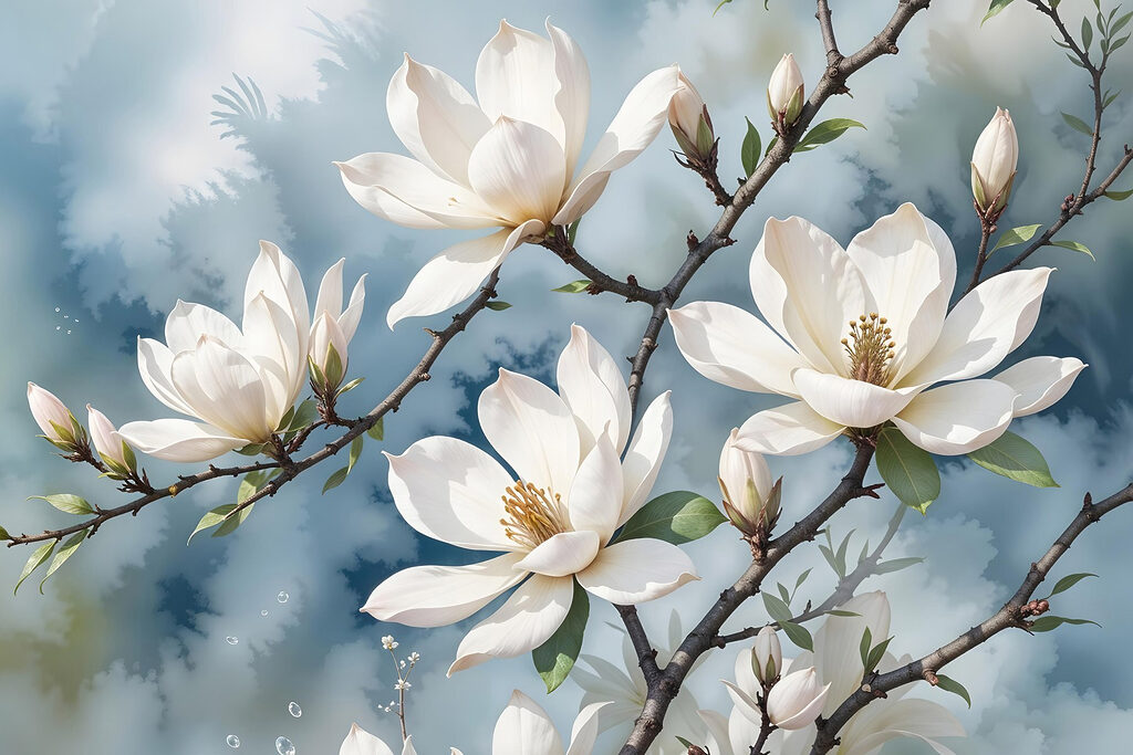 Group of white flowers on a tree branch