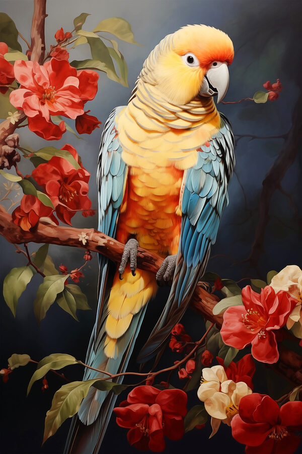 Pasăre colorată așezată pe o ramură cu flori Pasăre colorată așezată pe o ramură cu flori