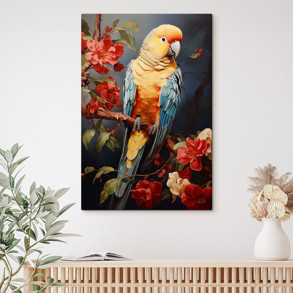 Pasăre colorată așezată pe o ramură cu flori Pasăre colorată așezată pe o ramură cu flori