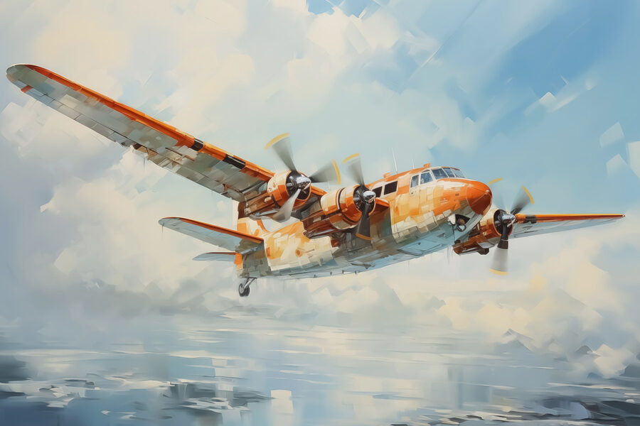 Un avion portocaliu și alb zboară pe cer