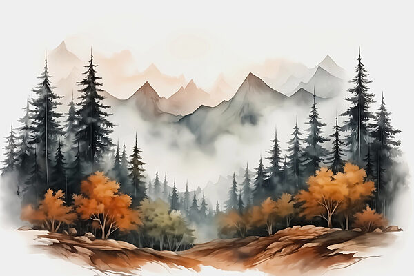 Pictura de o pădure și munți Pictura de o pădure și munți