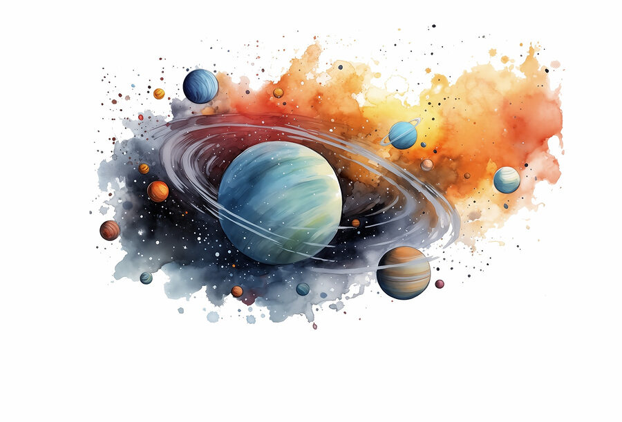 Acuarelă de planete și stele