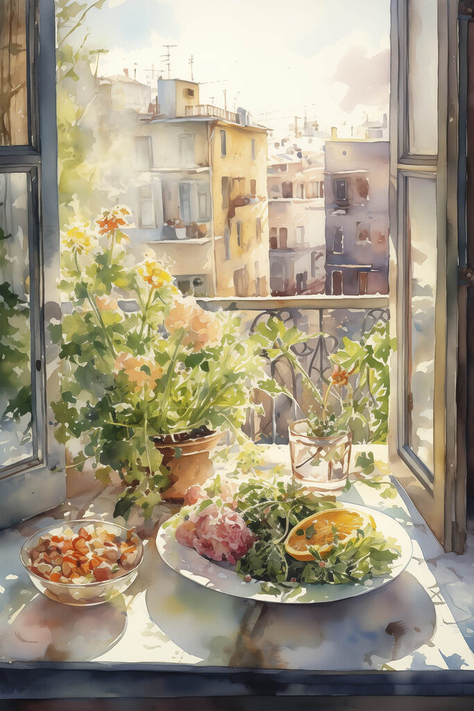 Watercolor painting of a table with food and flowers in front of a window