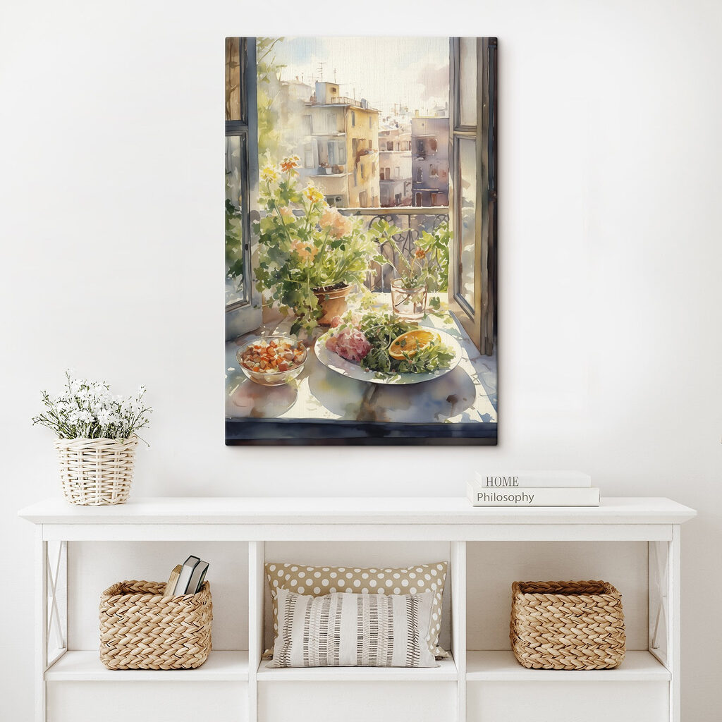 Watercolor painting of a table with food and flowers in front of a window