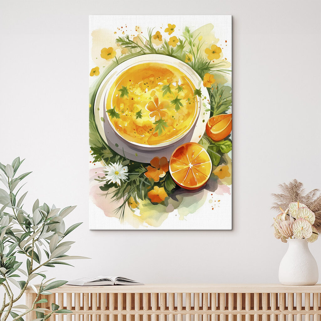 Bowl of orange soup with flowers and leaves Bowl of orange soup with flowers and leaves