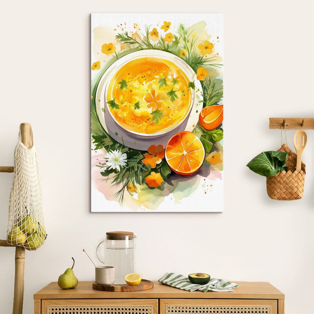 Bowl of orange soup with flowers and leaves Bowl of orange soup with flowers and leaves