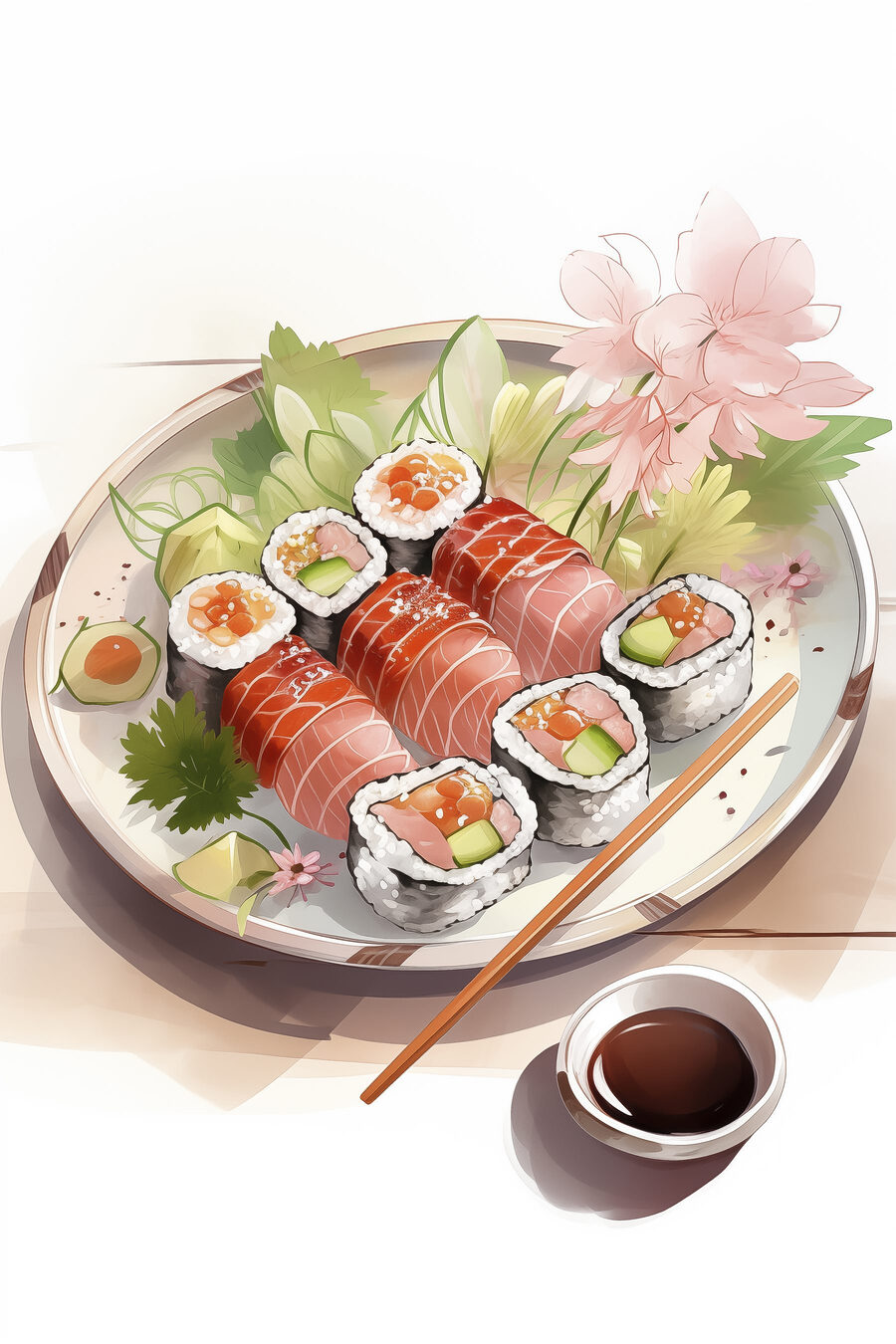 Farfurie de sushi cu sos și flori