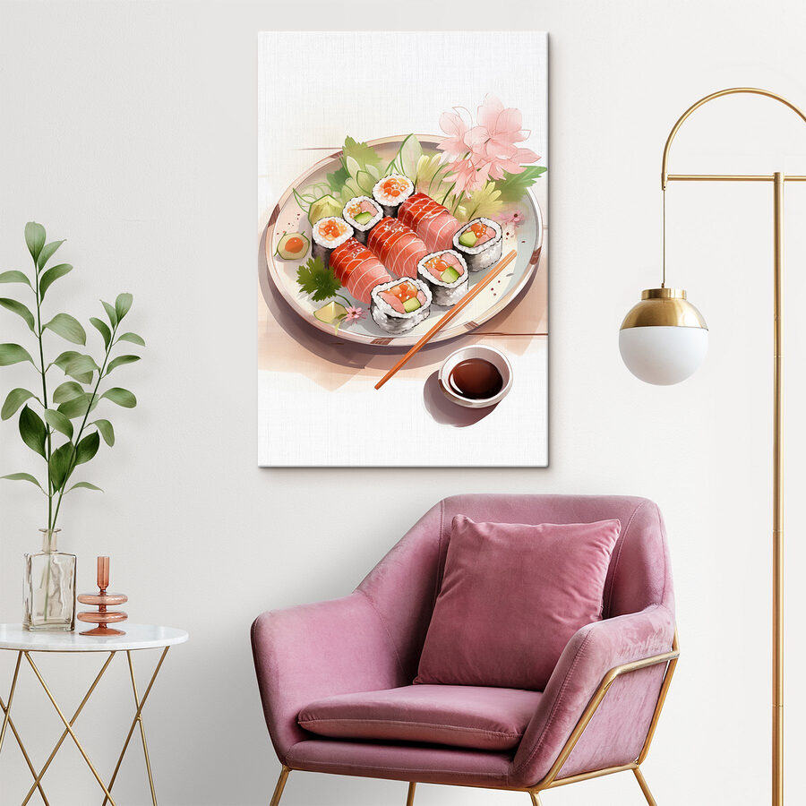 Farfurie de sushi cu sos și flori