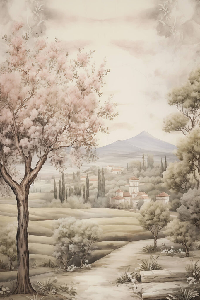 Painting of a landscape with trees and a building Painting of a landscape with trees and a building