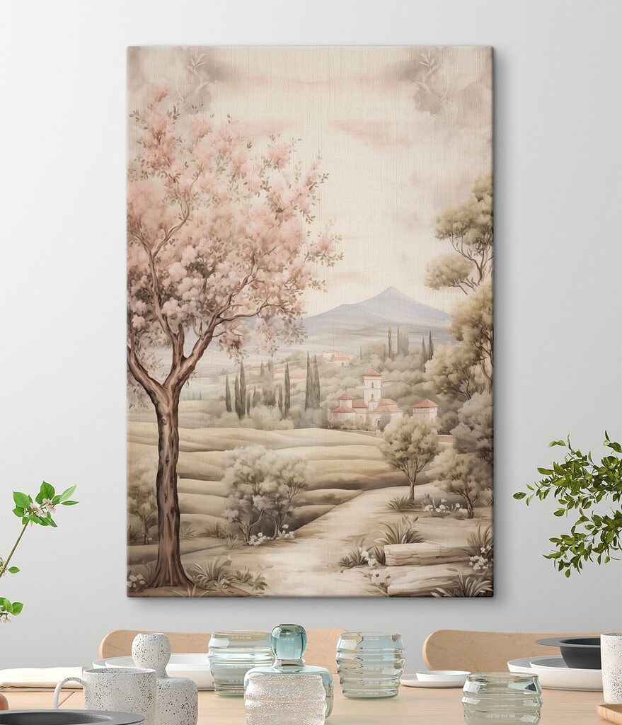 Painting of a landscape with trees and a building Painting of a landscape with trees and a building