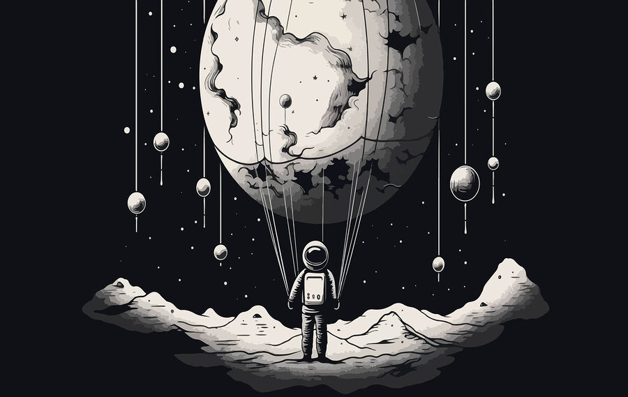 Astronaut în spațiu cu un balon pe cer