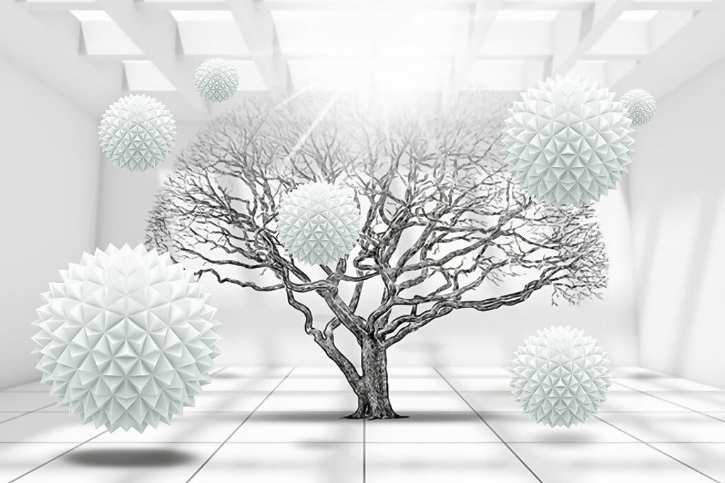 Tree with white balls floating in the air Tree with white balls floating in the air