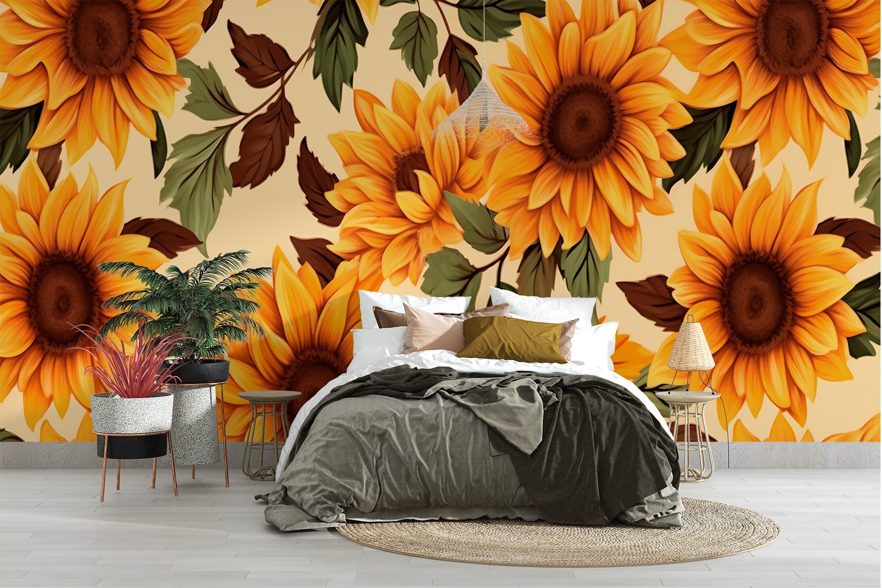 Pattern of sunflowers and leaves