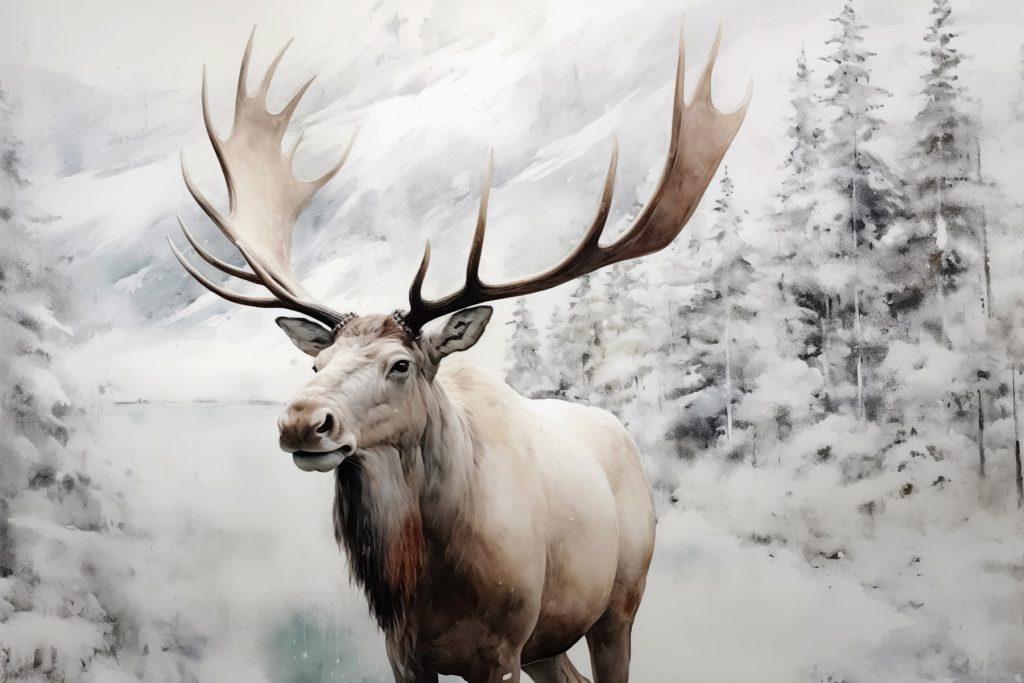 Moose with large antlers standing in a snowy forest