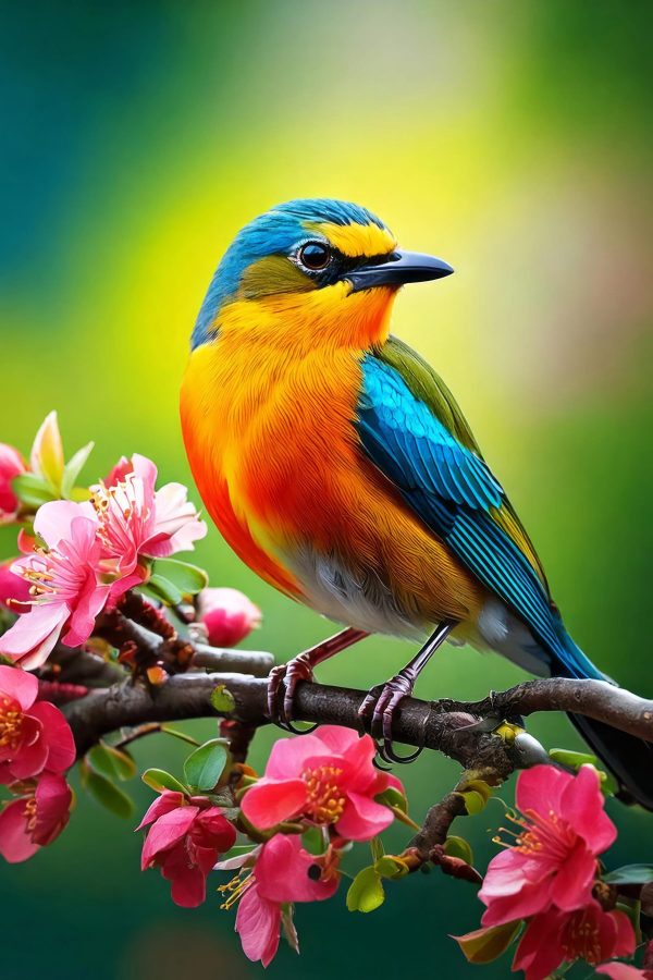 Pasăre colorată pe o ramură cu flori roz Pasăre colorată pe o ramură cu flori roz