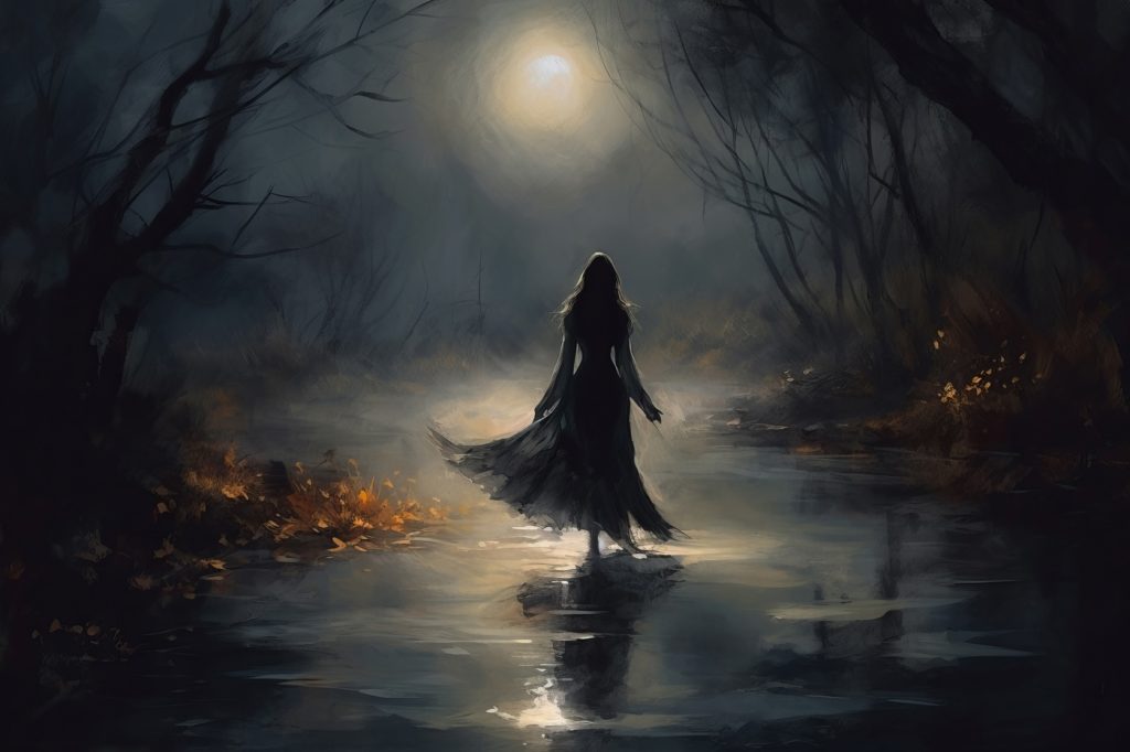 Woman walking in a dark forest