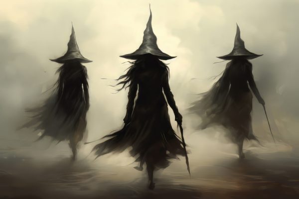 Grup de femei în robe și pălării negre, mergând în ceață Grup de femei în robe și pălării negre, mergând în ceață