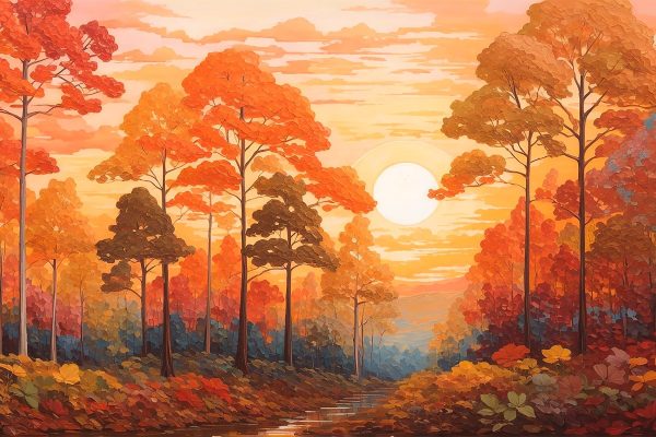 Pictura unei păduri cu copaci și un râu Pictura unei păduri cu copaci și un râu