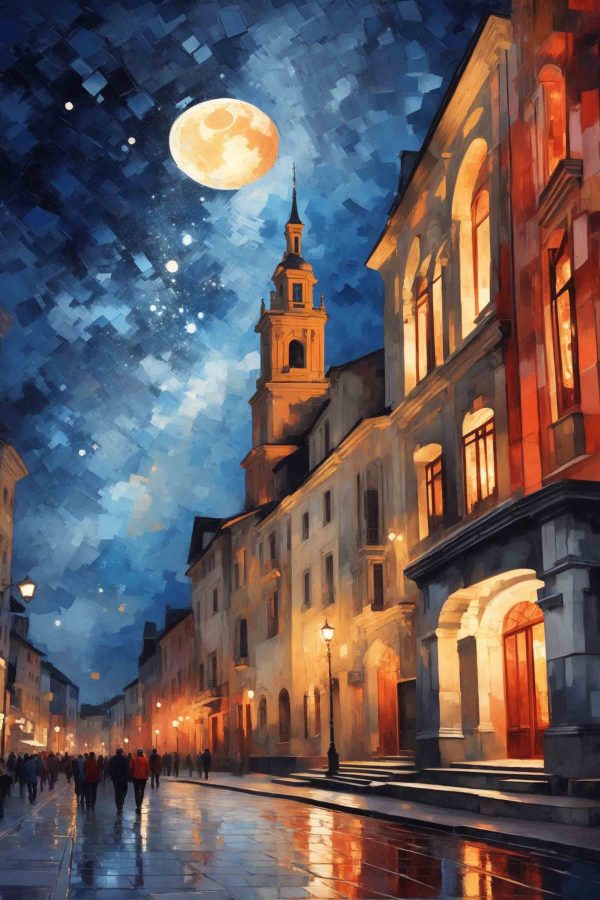 Stradă cu clădiri și o lună Stradă cu clădiri și o lună