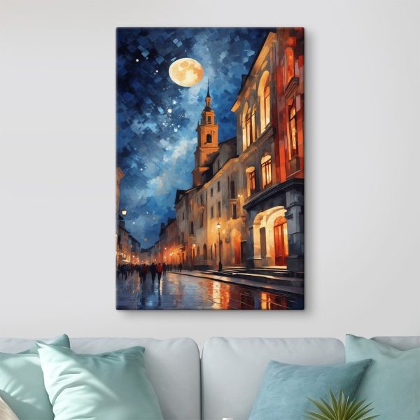 Stradă cu clădiri și o lună Stradă cu clădiri și o lună