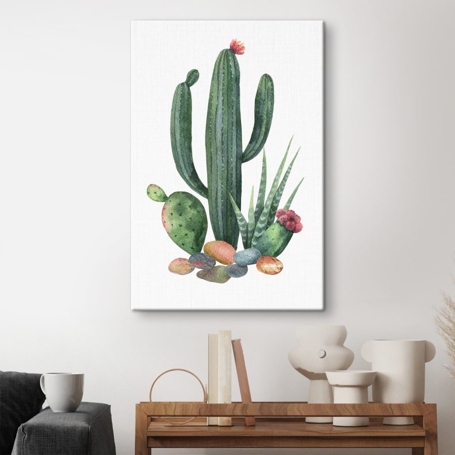 Acuarelă a unui cactus și roci Acuarelă a unui cactus și roci