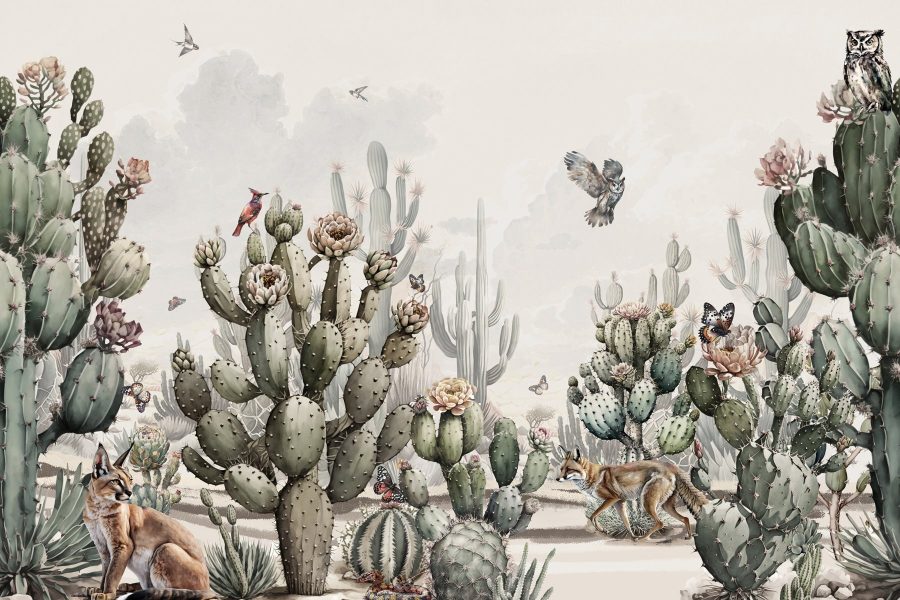 Grup de cactuși și păsări