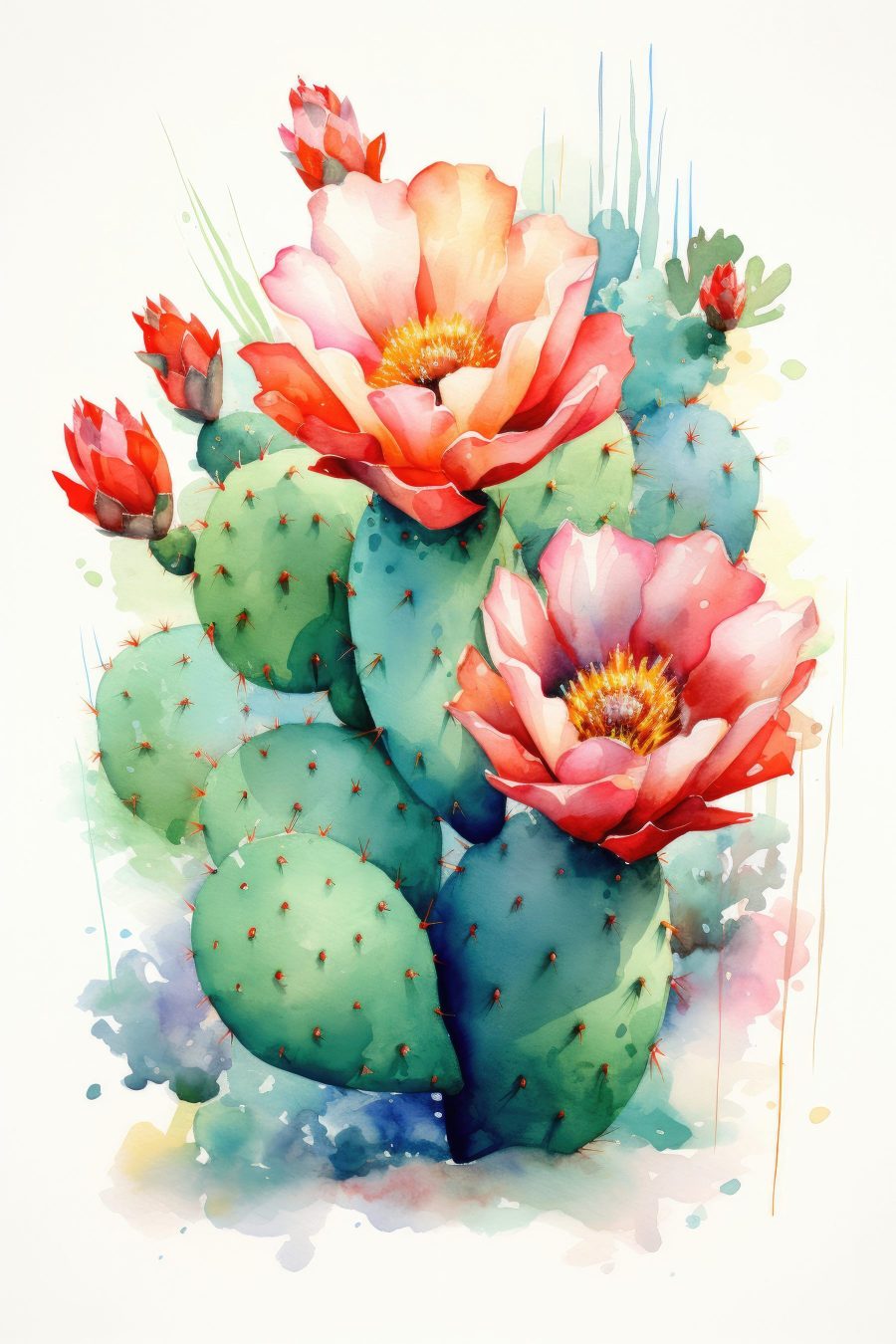 Pictura acuarelă a unui cactus cu flori