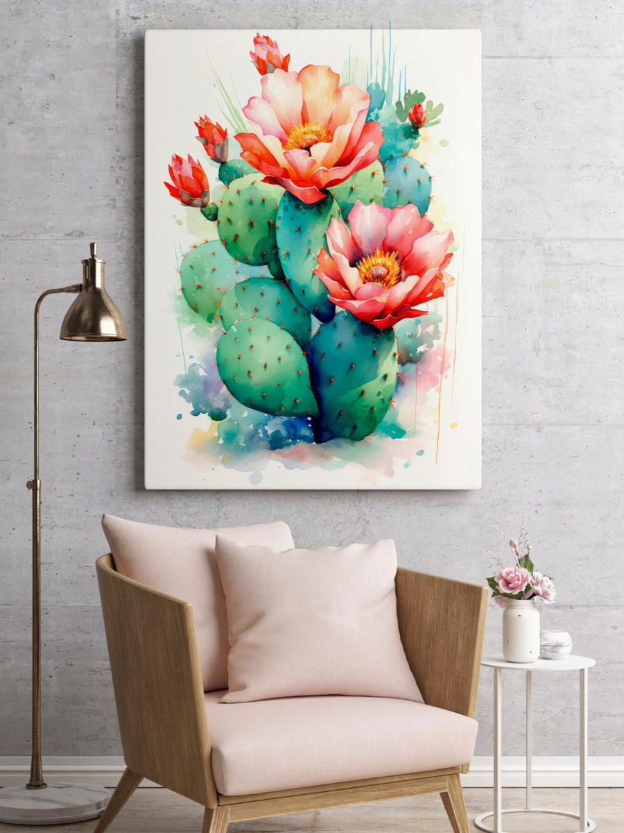 Pictura acuarelă a unui cactus cu flori