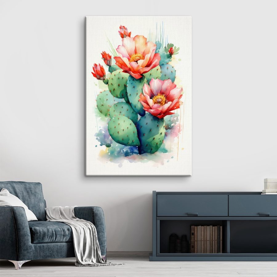 Pictura acuarelă a unui cactus cu flori