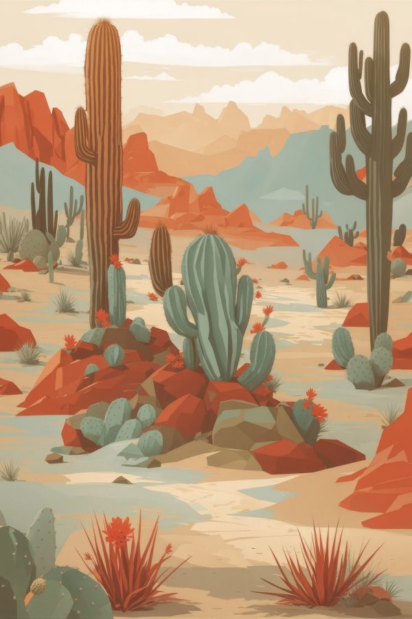 Peisaj de deșert cu cactuși și roci Peisaj de deșert cu cactuși și roci