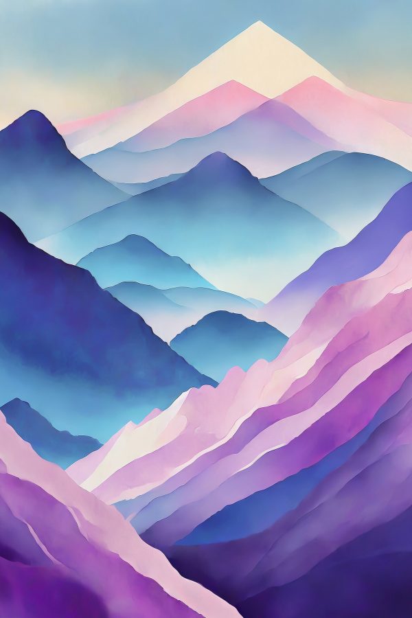 Pictura de munți cu culori violet și albastru Pictura de munți cu culori violet și albastru