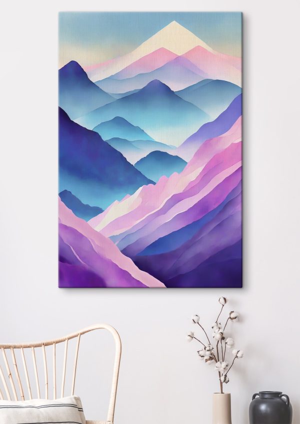 Pictura de munți cu culori violet și albastru Pictura de munți cu culori violet și albastru
