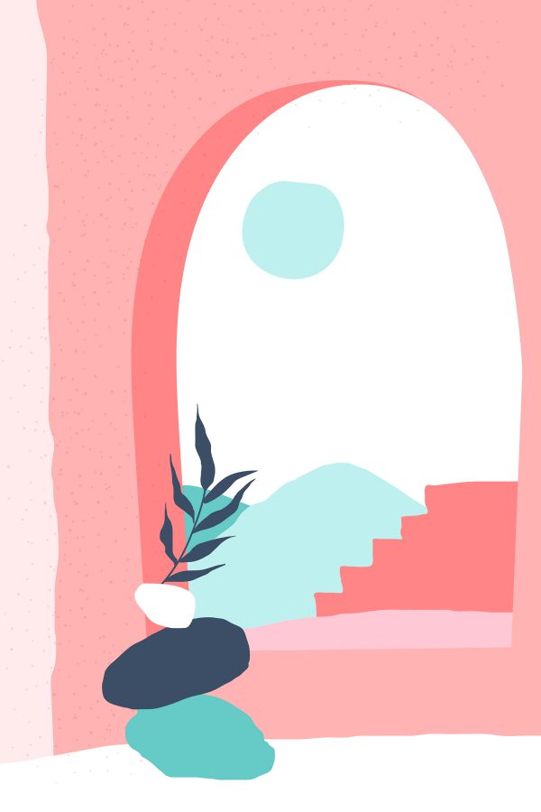 Ilustrație roz și albastru a unei ferestre cu o plantă într-o vază Ilustrație roz și albastru a unei ferestre cu o plantă într-o vază