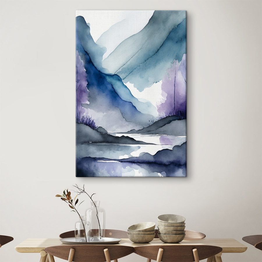 Watercolor painting of mountains and trees and a river Watercolor painting of mountains and trees and a river