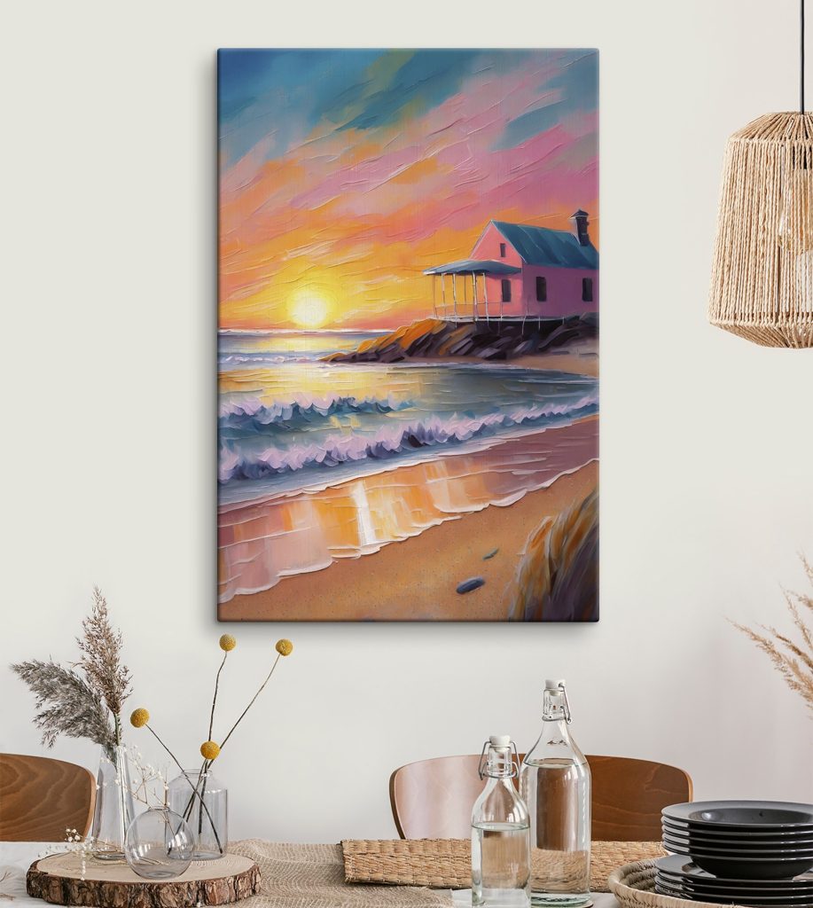 Painting of a house on a beach Painting of a house on a beach