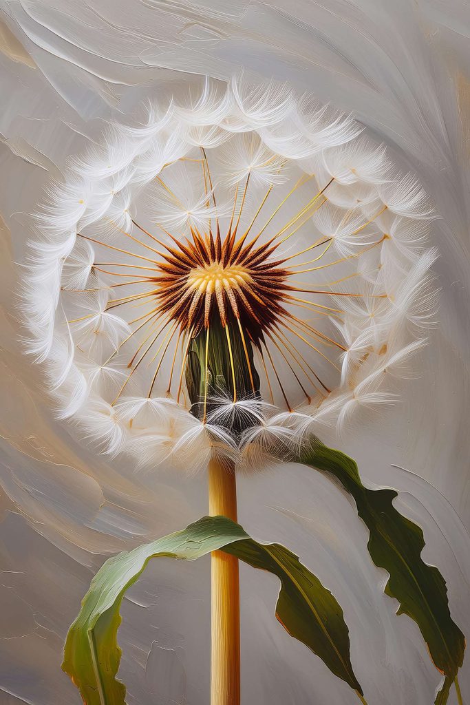 Dandelion with seeds flying in the air