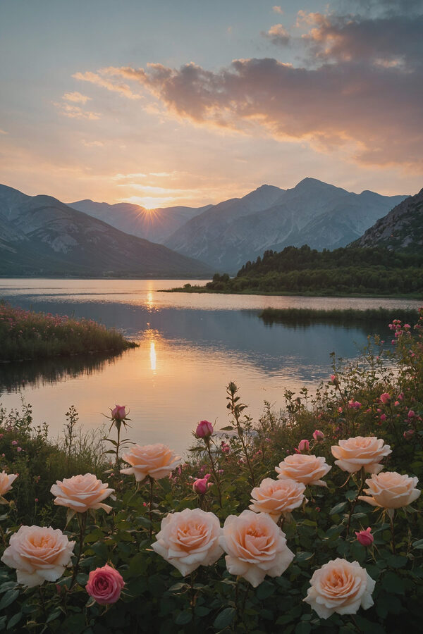 Lac cu flori și munți în fundal Lac cu flori și munți în fundal