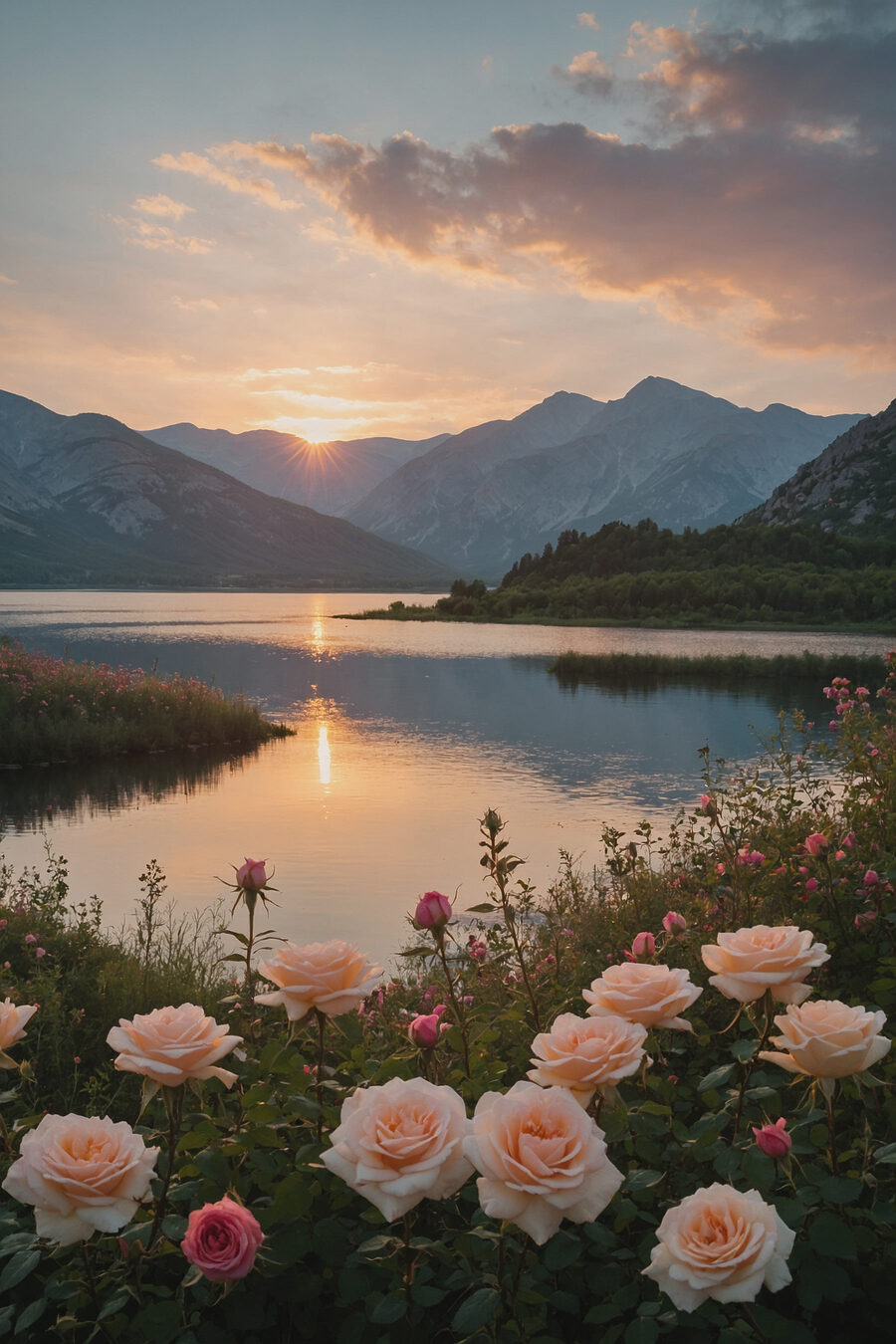 Lac cu flori și munți în fundal