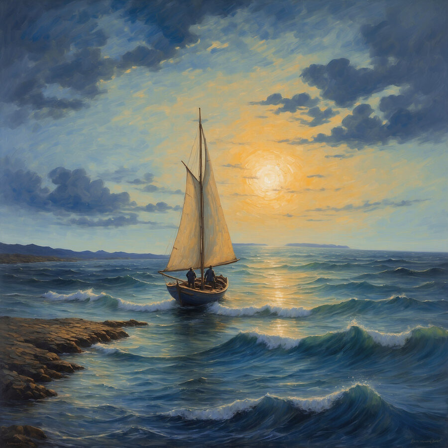 Pictura de o barcă cu pânze în ocean