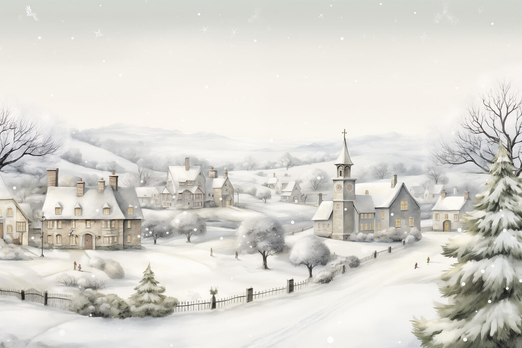 Snow covered village with a church and trees