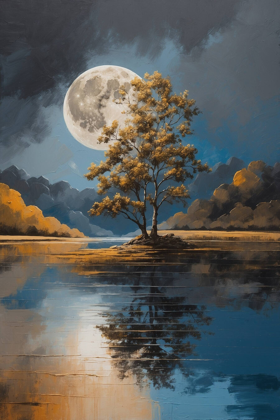 Copac pe un lac cu o lună plină în fundal