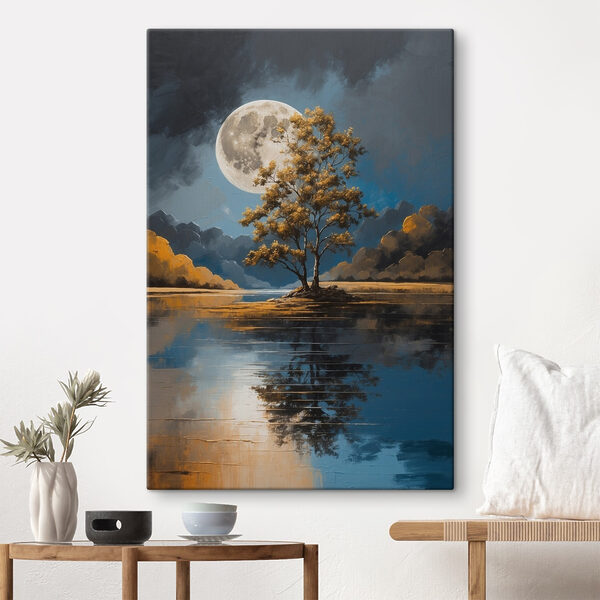Copac pe un lac cu o lună plină în fundal Copac pe un lac cu o lună plină în fundal