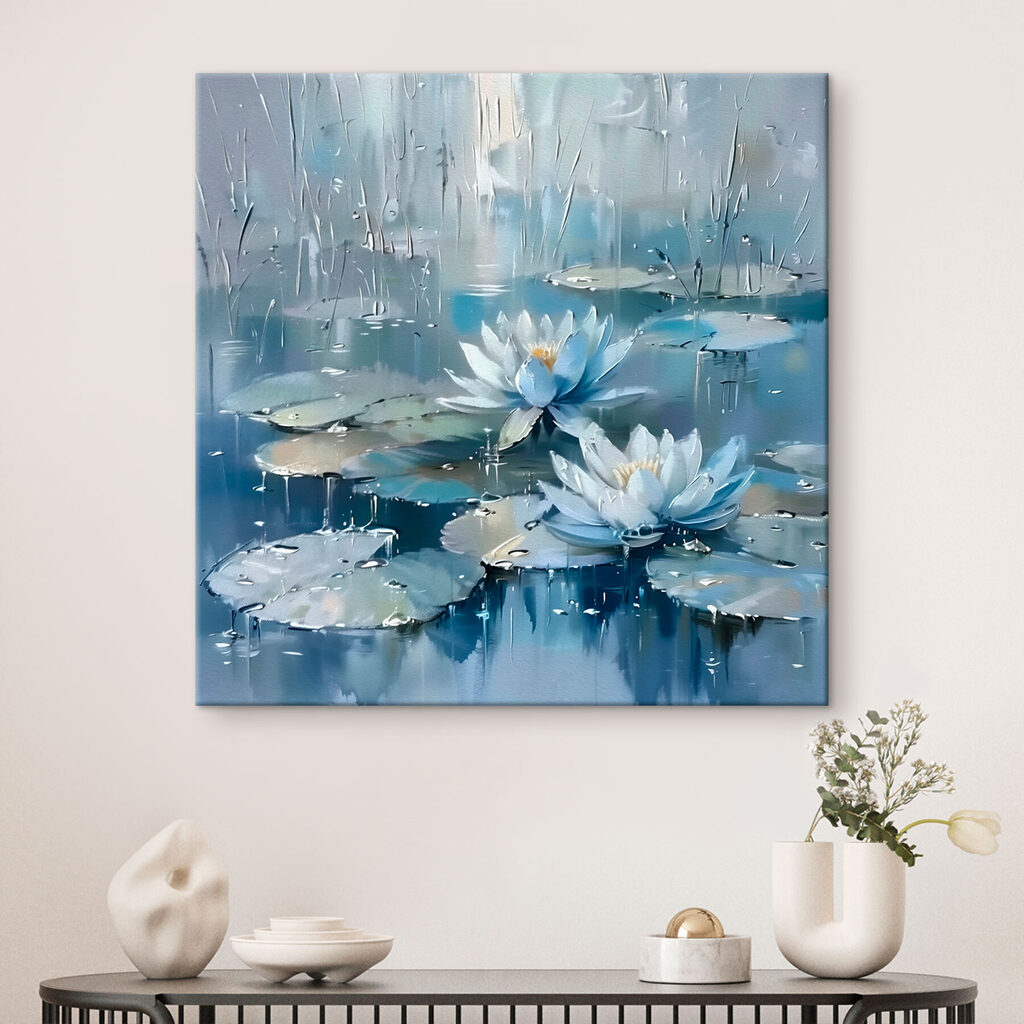 Painting of water lilies and leaves