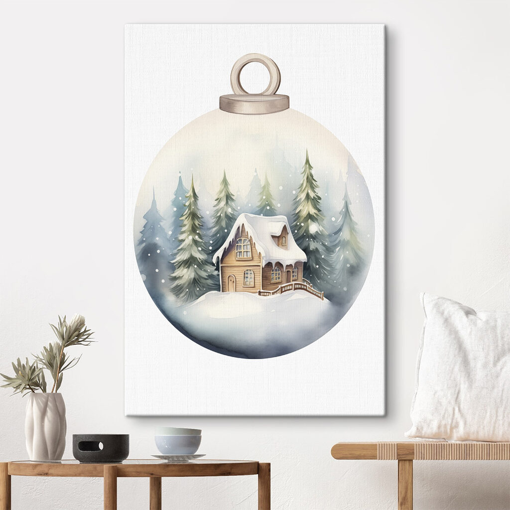 Watercolor painting of a house in a snow covered forest