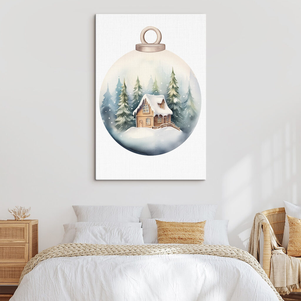 Watercolor painting of a house in a snow covered forest