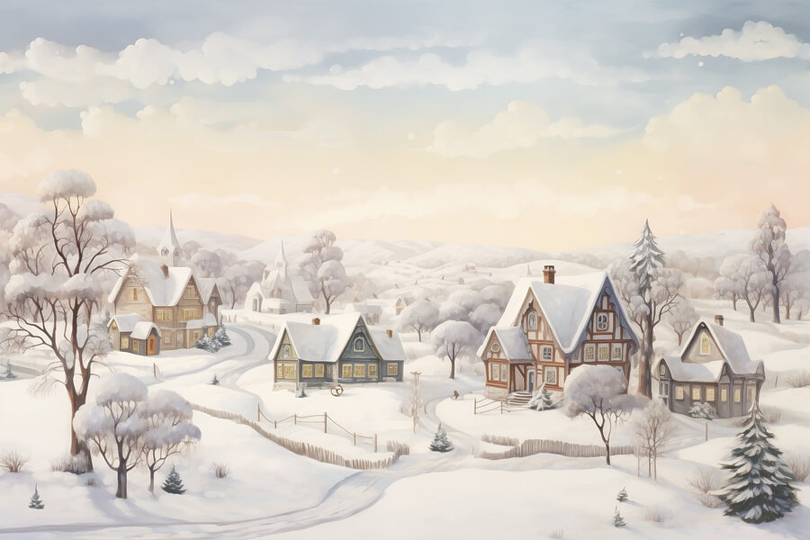Snow covered village with houses and trees Snow covered village with houses and trees