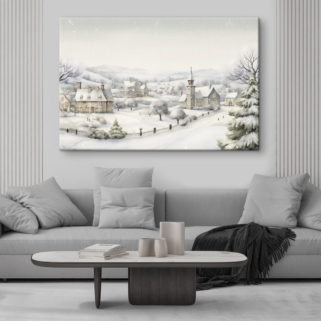 Snow covered village with a church and trees