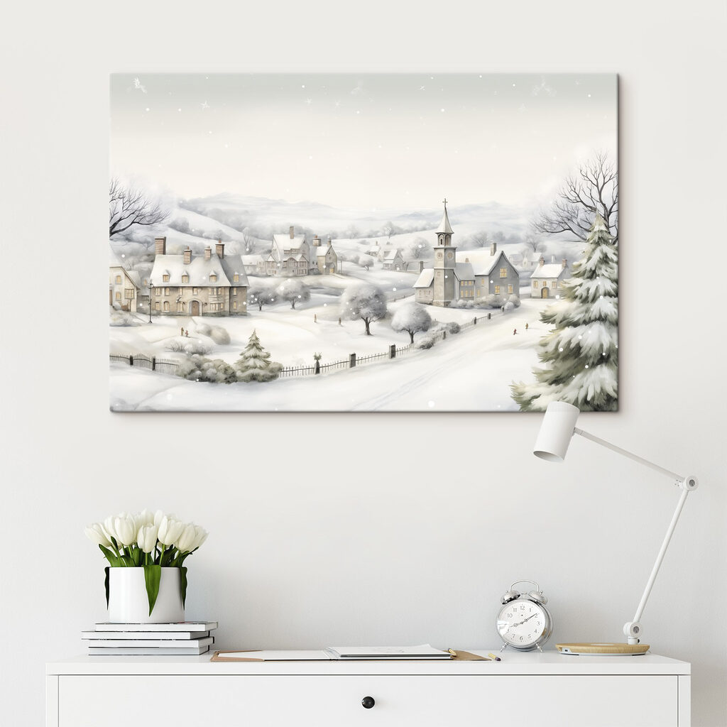 Snow covered village with a church and trees