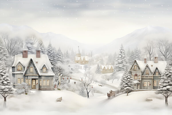 Snowy landscape with houses and trees Snowy landscape with houses and trees